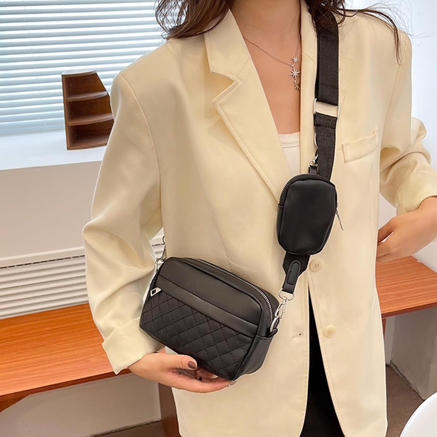 2-in-1 Quilted PU Leather Crossbody Bag With Mini Pouch | Removable Strap Women Shoulder Bag | Black