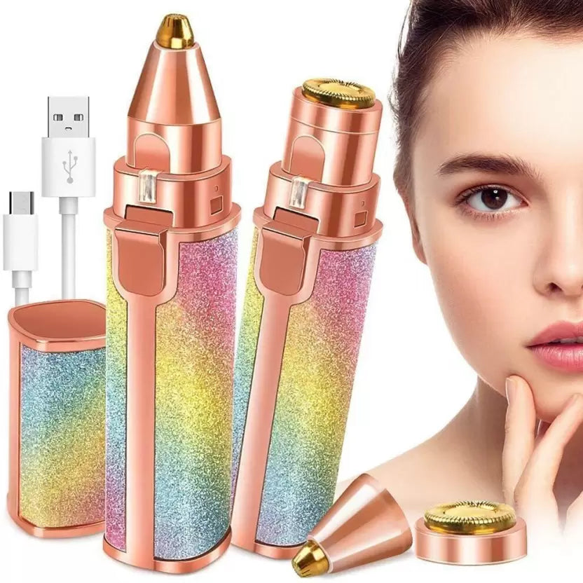 2-in-1 Rechargeable Eyebrow Trimmer & Facial Hair Remover For Women | Painless USB Electric Shaver | Rainbow Glitter