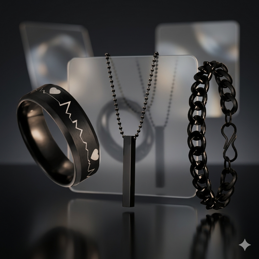 Men’s Stainless Steel Heartbeat Jewelry Set – Necklace Bracelet & Ring Combo