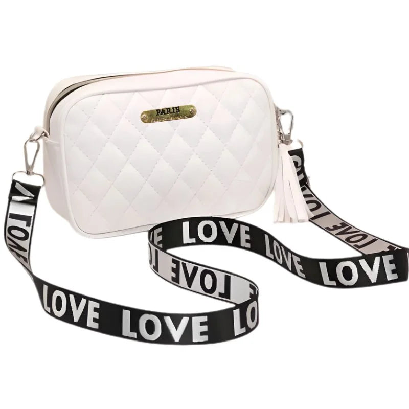 Quilted Crossbody Bag with Love Strap – White